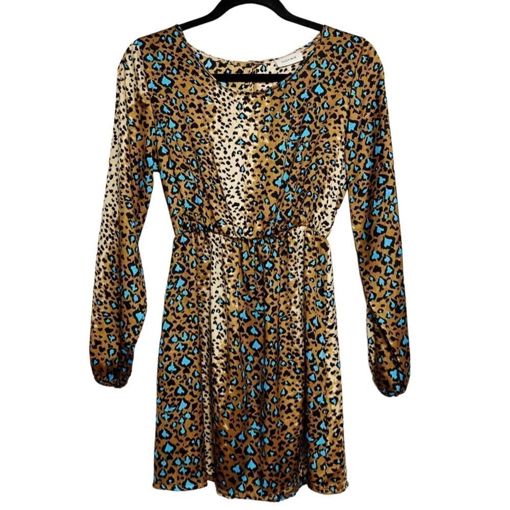 Susy Mix Long Sleeve Leopard Print Dress Brown and Teal Small